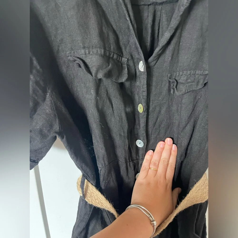 Linen romper with woven raffia belt - Picture 3 of 6